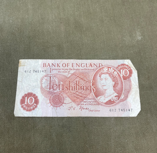 This selection features original Bank of England 10 Shilling notes signed by J.S. Fforde, catalogued as Dugg B309 in the English banknote series. Issued between 1967 and 1970, these notes are iconic pieces of British pre-decimal currency, bearing the classic Britannia design and red-brown colouring. Each note in this lot is in circulated (used) condition, showing varying degrees of wear, creasing, and edge softening typical of handling and circulation. Despite this, the notes remain clear and legible, with