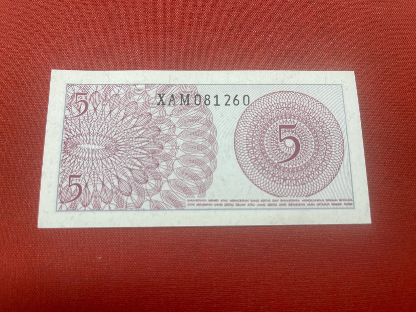 Bank of Indonesia 5 Lima Sen 1964 Serial XAM081260
