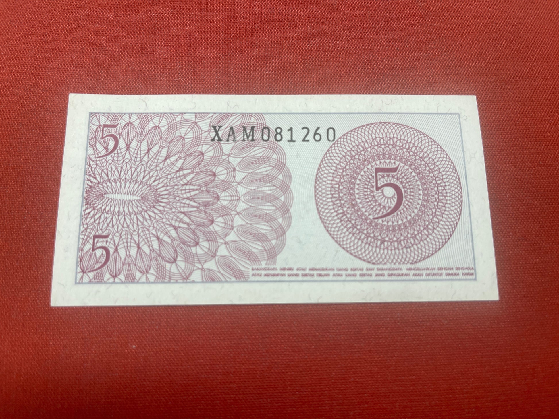 Bank of Indonesia 5 Lima Sen  1964 Serial XAM081260