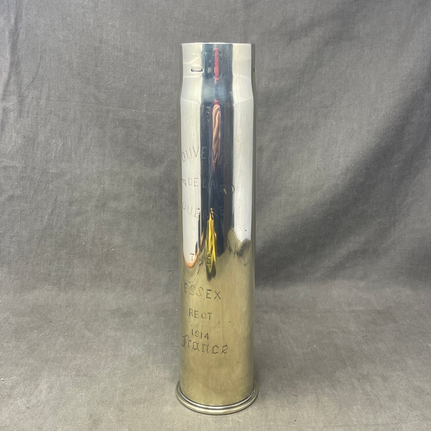 British 6Pdr MKIII Brass Shell Case Dated 1917 Made By Kynoch and engraved with the Essex Regiments badge