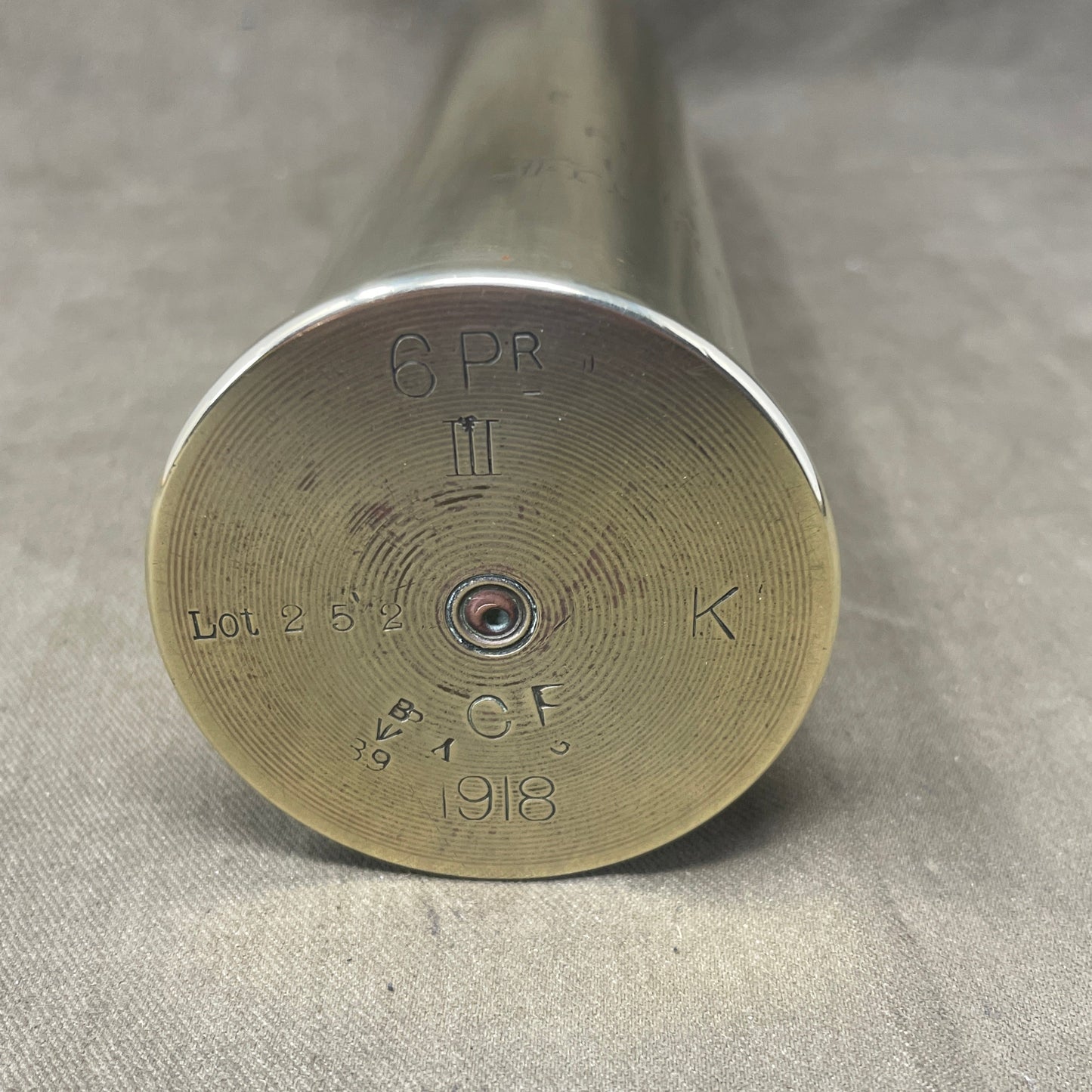 British 6Pdr MKIII Brass Shell Case Dated 1917 Made By Kynoch and engraved with the Essex Regiments badge