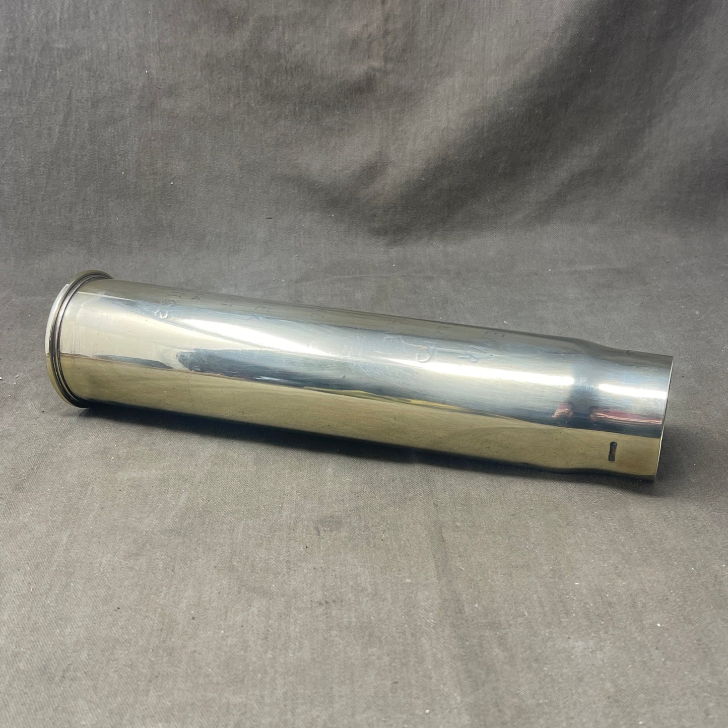 British 6Pdr MKIII Brass Shell Case Dated 1917 Made By Kynoch and engraved with the Essex Regiments badge