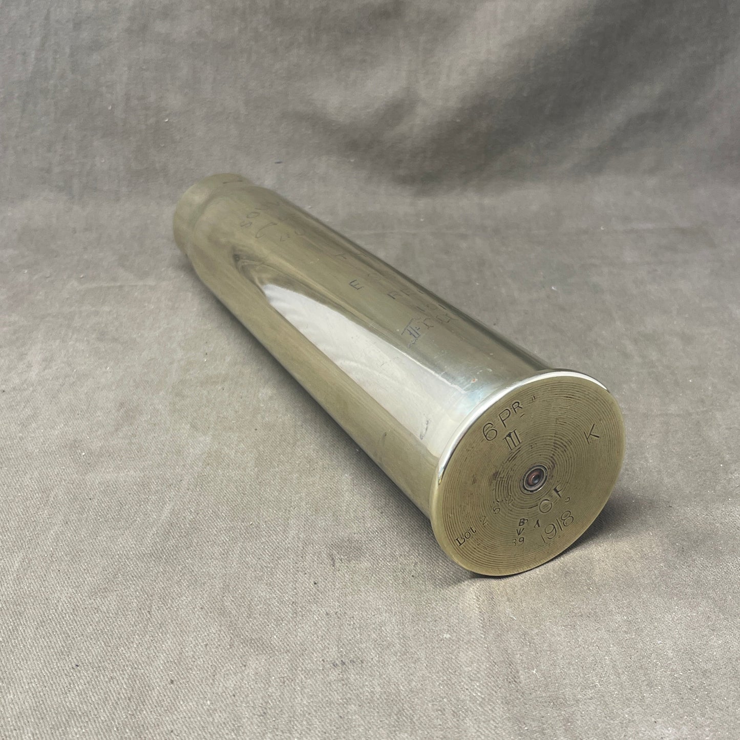 British 6Pdr MKIII Brass Shell Case Dated 1917 Made By Kynoch and engraved with the Essex Regiments badge