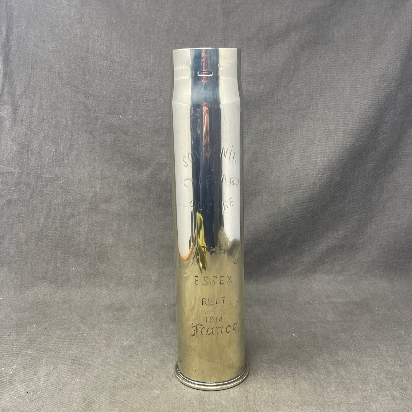 British 6Pdr MKIII Brass Shell Case Dated 1917 Made By Kynoch and engraved with the Essex Regiments badge