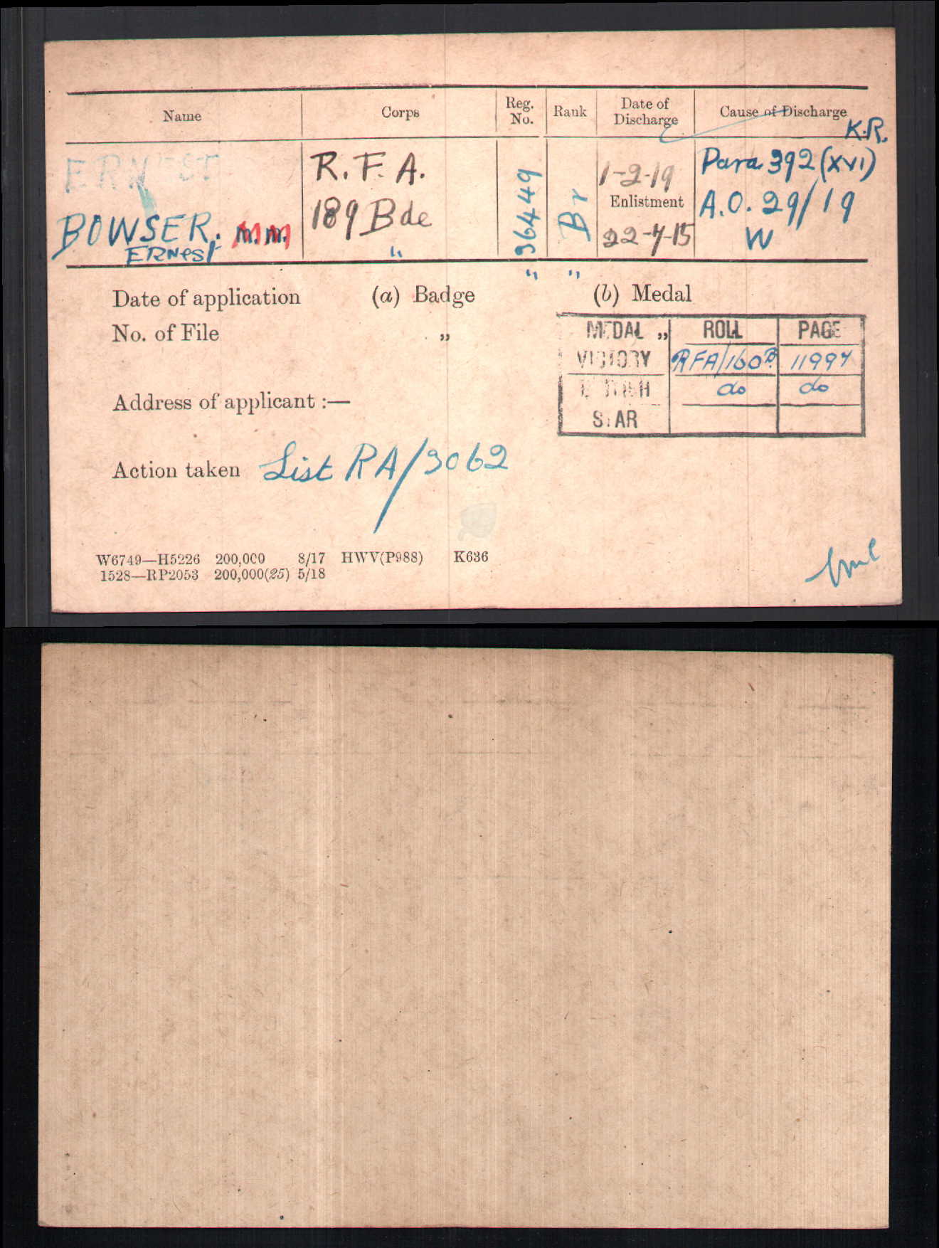 A Great War MM Group 36449 Bmdr E Bowser 189 Brigade RFA