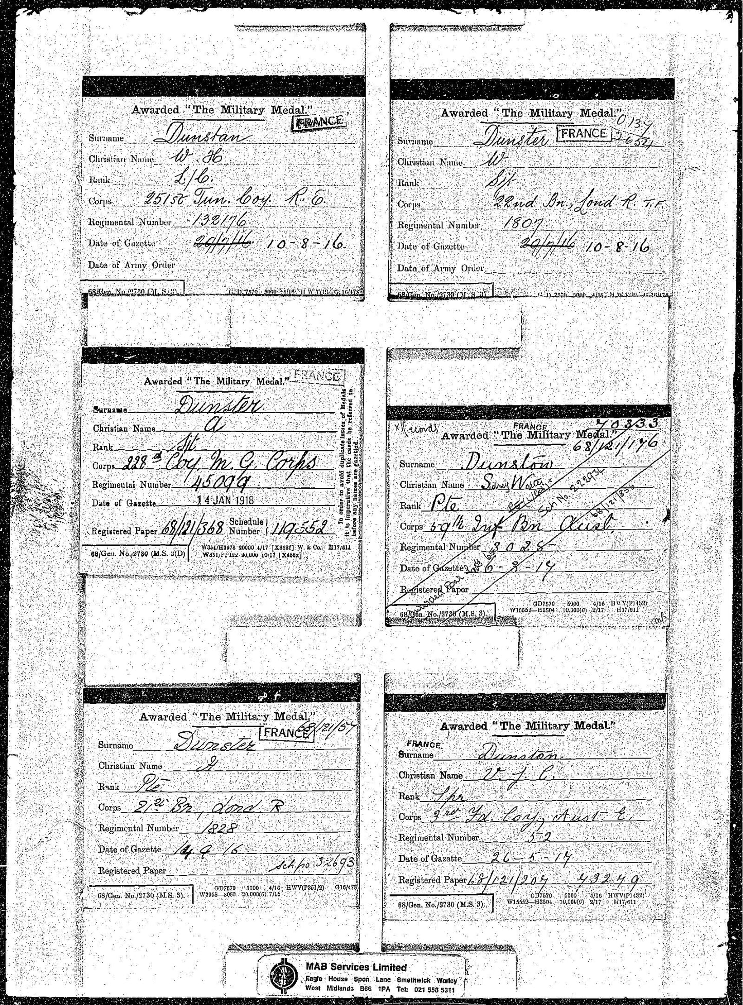 Great War MM Group 45099 Sgt A Dunster 228th Company MGC