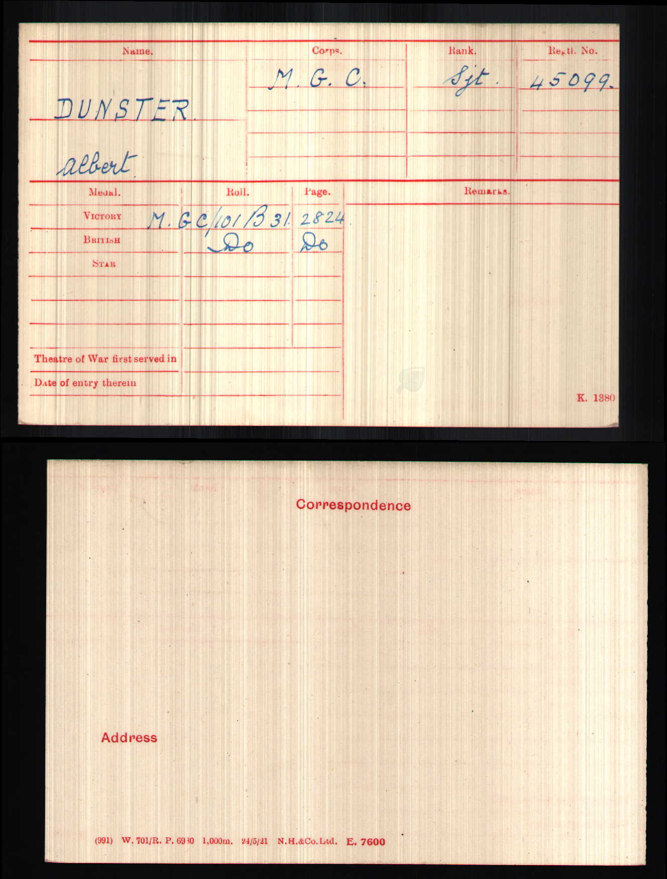 Great War MM Group 45099 Sgt A Dunster 228th Company MGC
