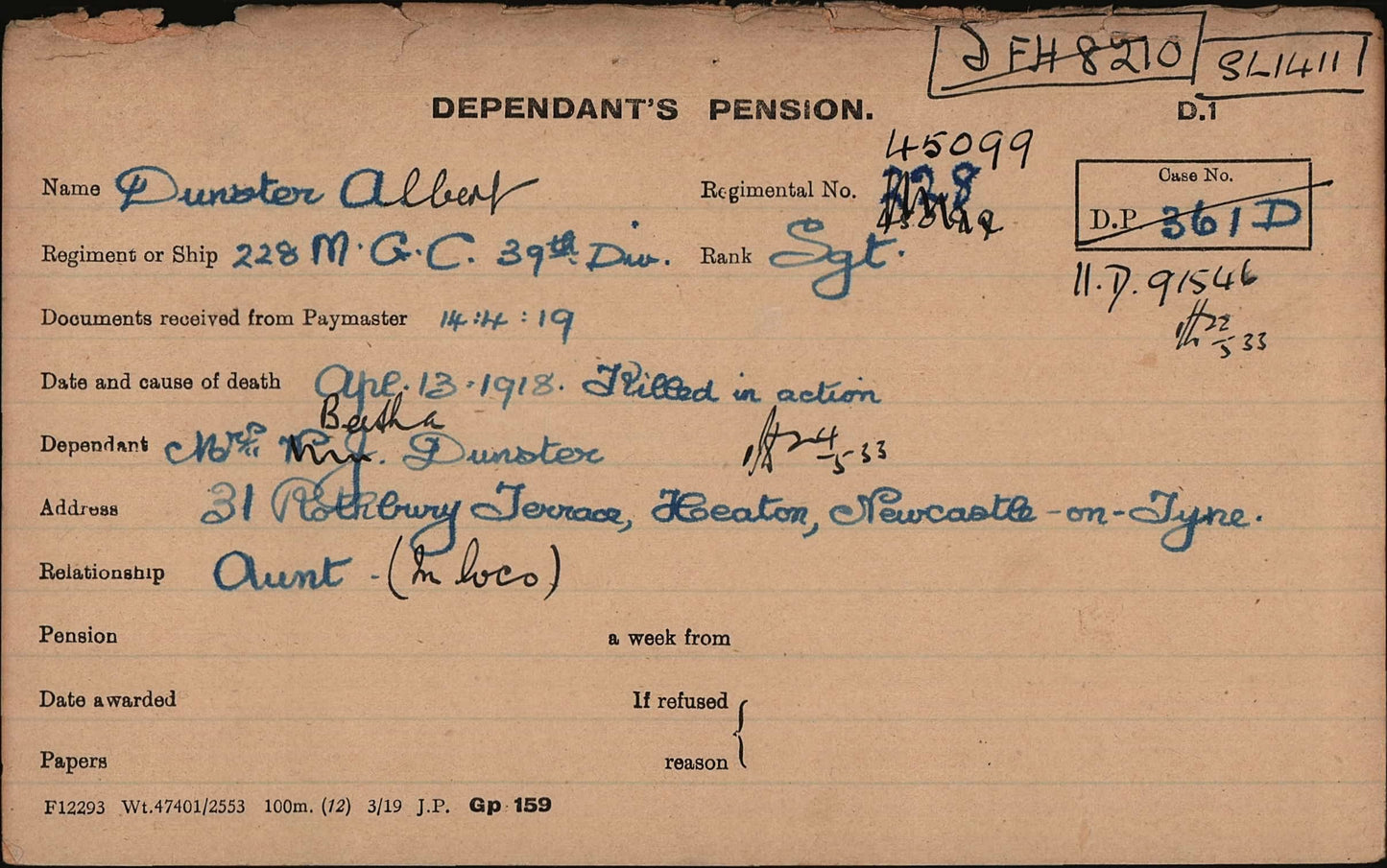 Great War MM Group 45099 Sgt A Dunster 228th Company MGC