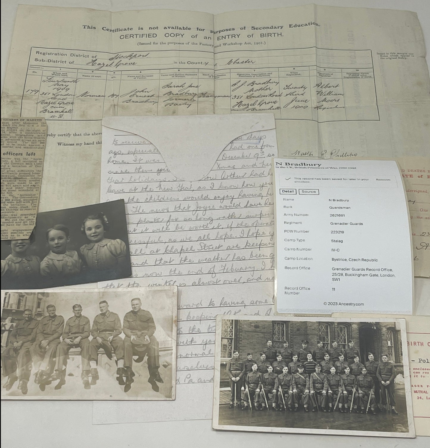 POW Letter, Photos, Birth Certificate relating to N Bradbury Grenadier Guards
