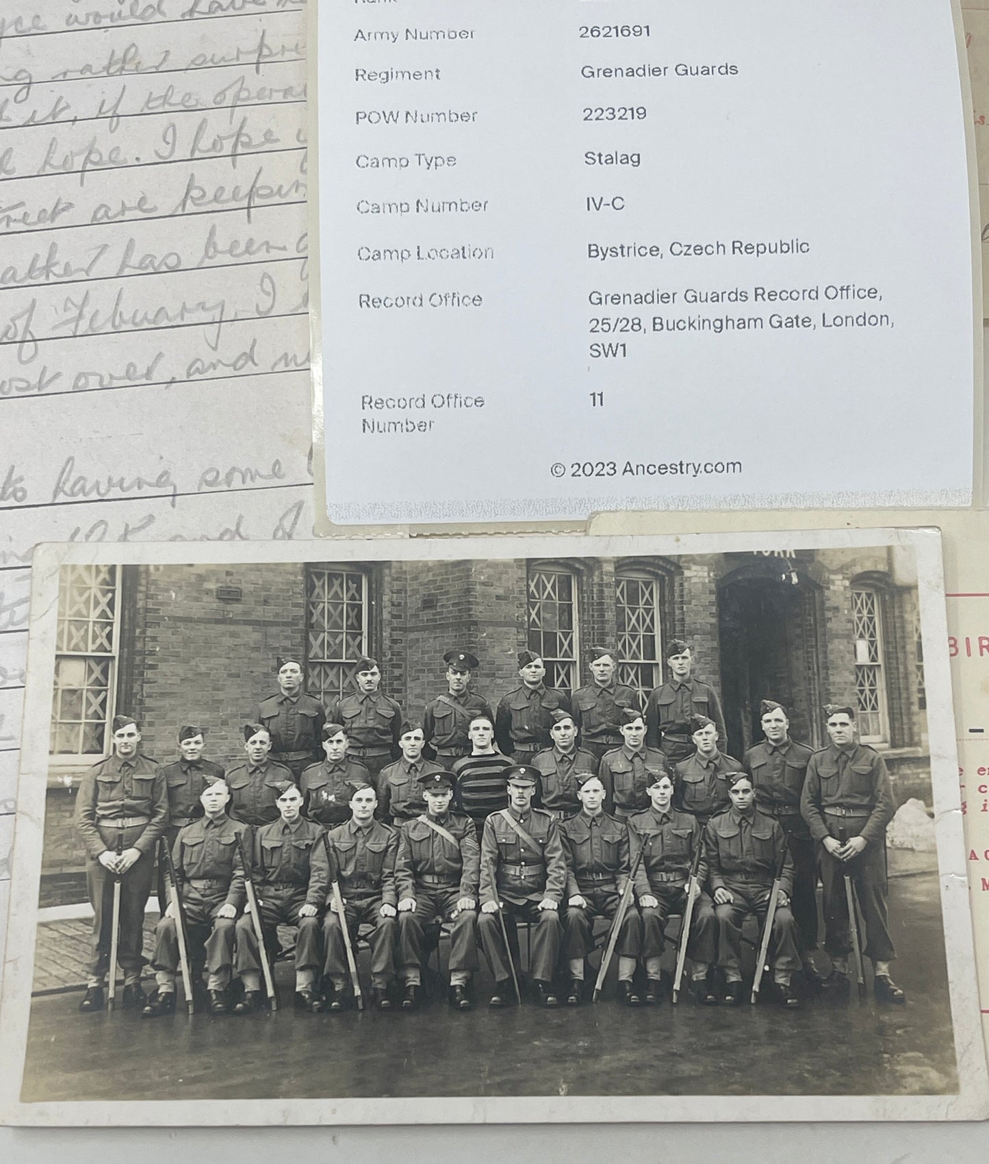 POW Letter, Photos, Birth Certificate relating to N Bradbury Grenadier Guards