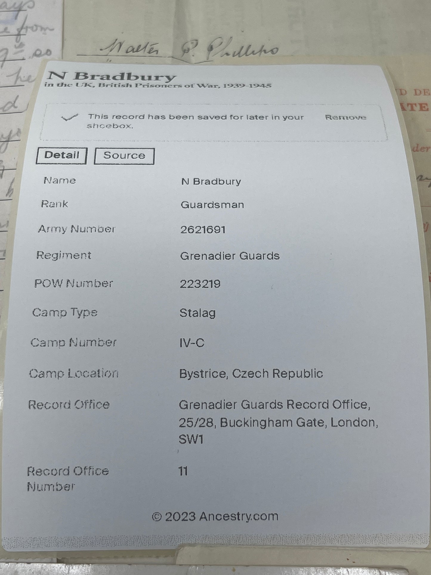 POW Letter, Photos, Birth Certificate relating to N Bradbury Grenadier Guards