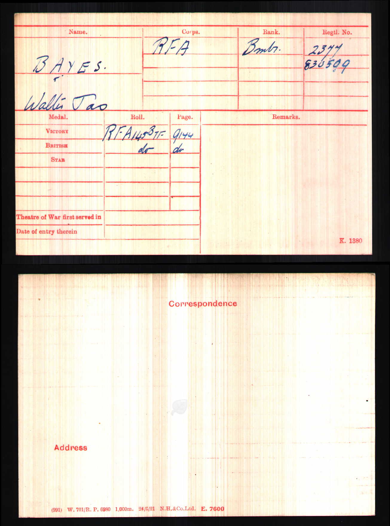 ww1 medal card