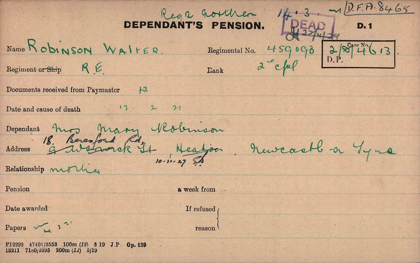 ww1 pension record