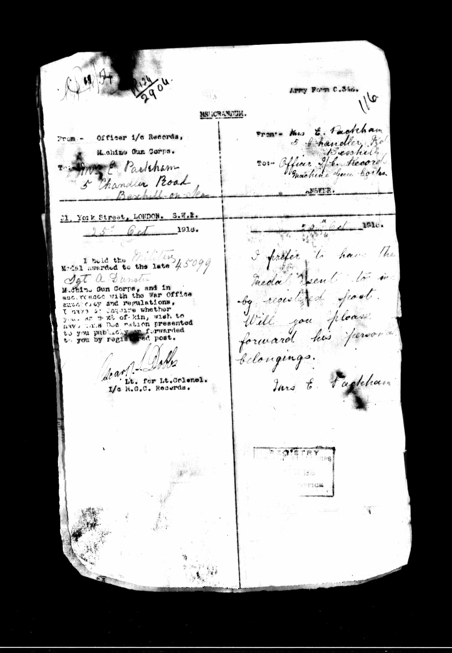 Great War MM Group 45099 Sgt A Dunster 228th Company MGC
