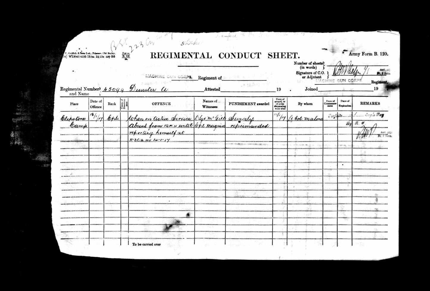 Great War MM Group 45099 Sgt A Dunster 228th Company MGC