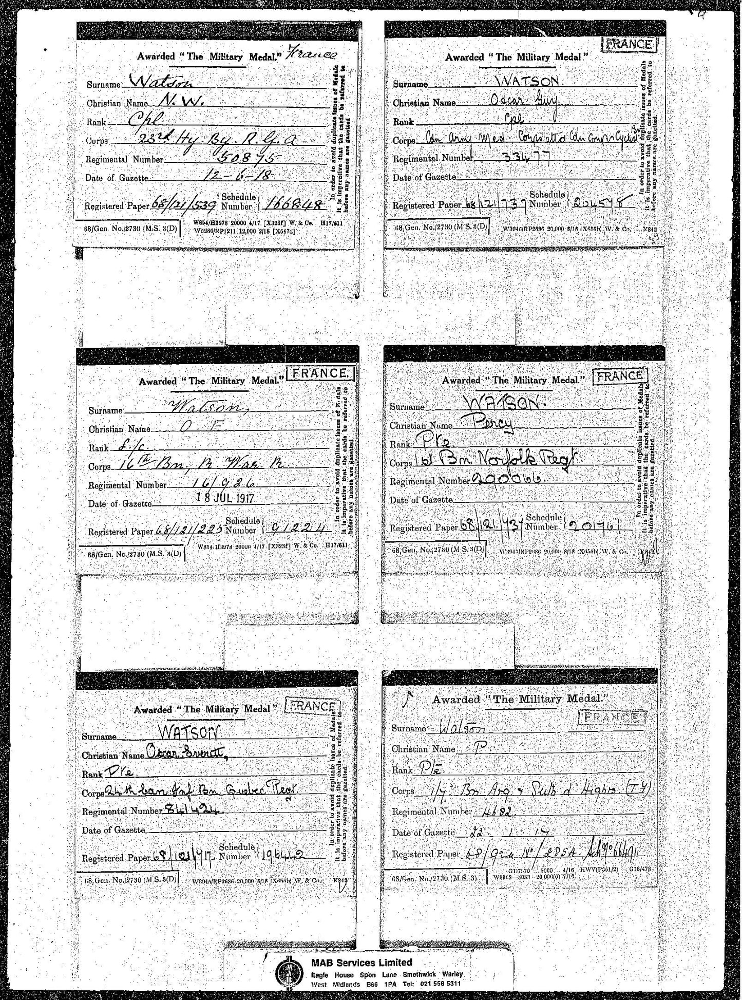 MM MEdal award record ww1