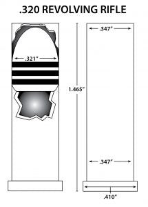 Diagram of a .320 revolving rifle with dimensions on a white background