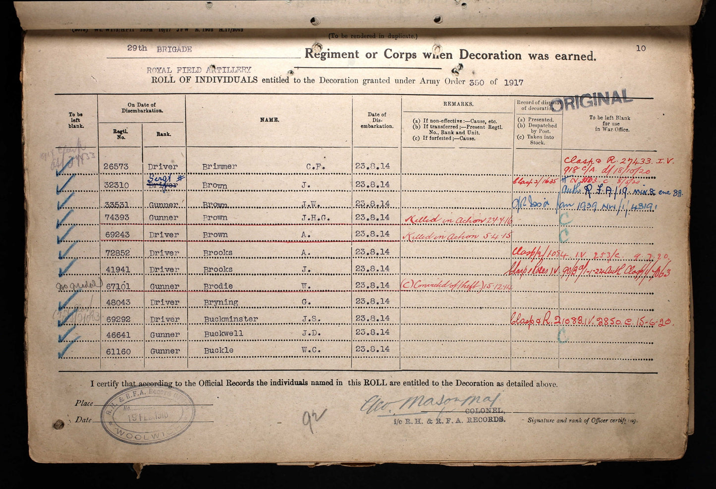 32310 Sjt J Brown  R.F.A WW1 Trio, LSGC, MSM