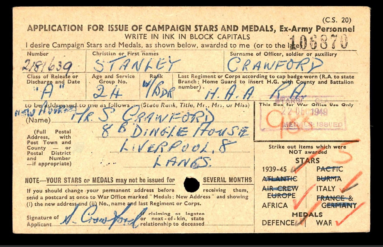 Original WWII Medal Group to Bombardier Stanley Crawford 2181639 HAA Royal Artillery – Africa & Italy Stars with Named OHMS Box