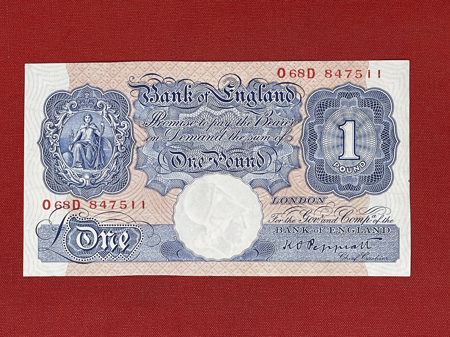 K.O. Peppiatt, One Pound, O68D 857511  ( Dugg. B.249 ) Emergency Issue Banknote 29th March 1940