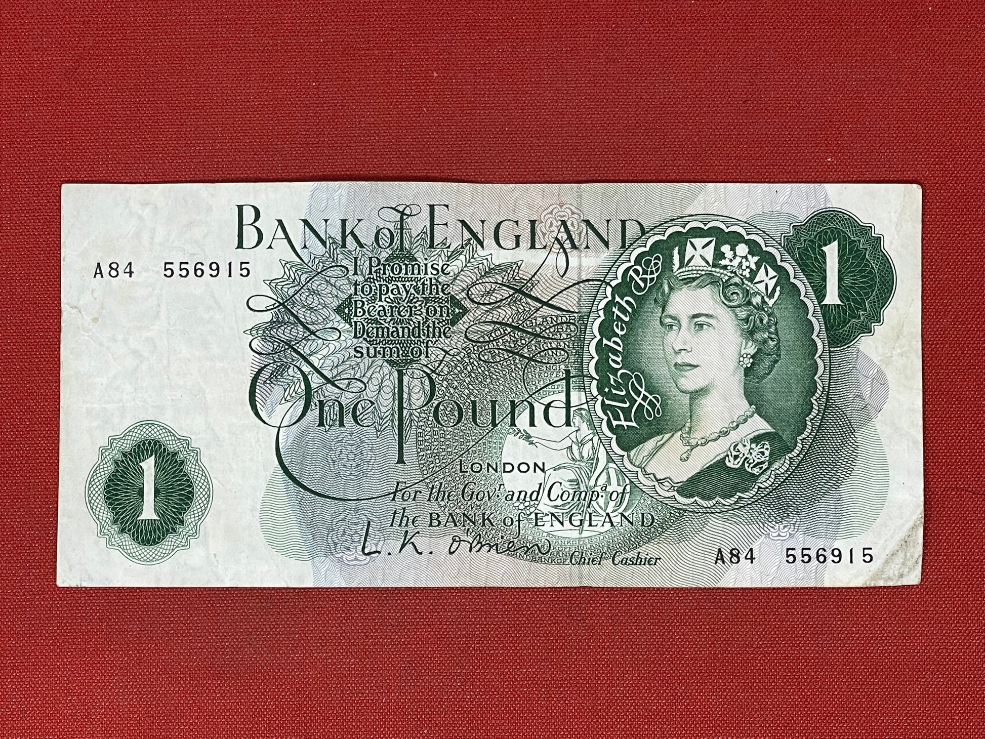 1960 - 1963 Bank of England L K O'Brien Green £1 One Pound Banknote 17th March 1960