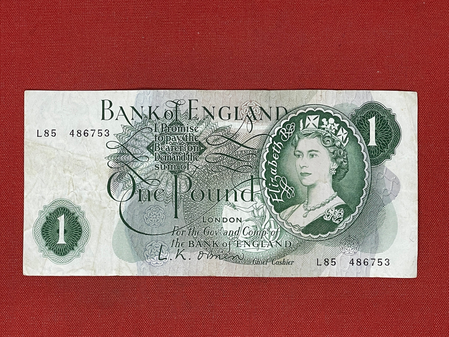 1960 - 1963 Bank of England L K O'Brien Green £1 One Pound Banknote 17th March 1960