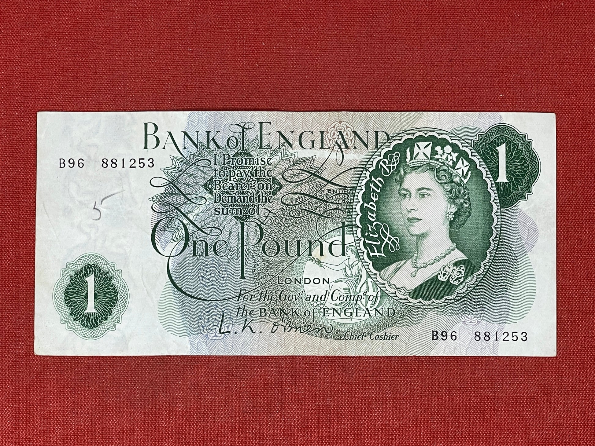 1960 - 1963 Bank of England L K O'Brien Green £1 One Pound Banknote 17th March 1960