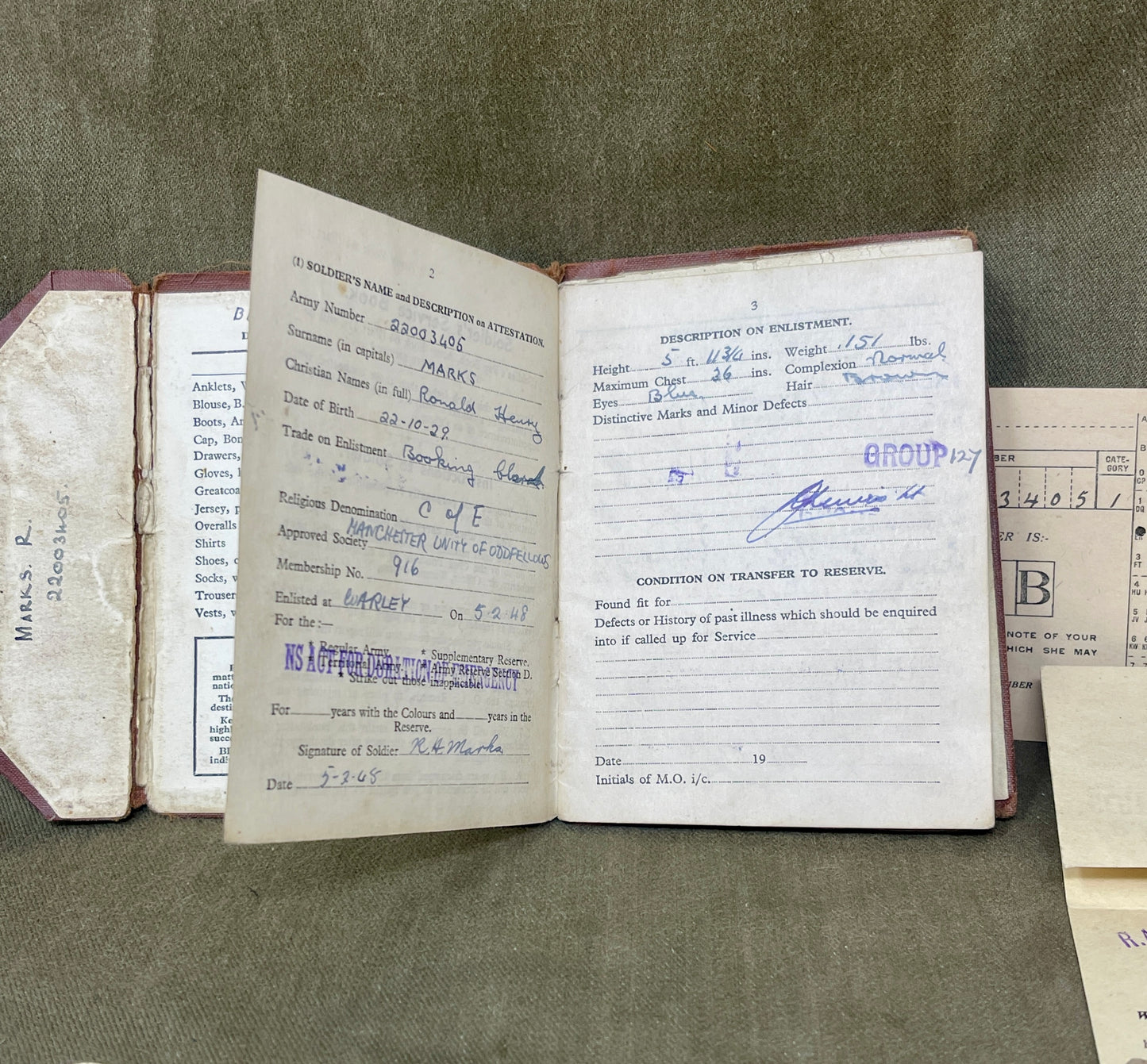 A 1948 Collection Of Demob Service Paperwork to 22003406 Ronald Henry MARKS