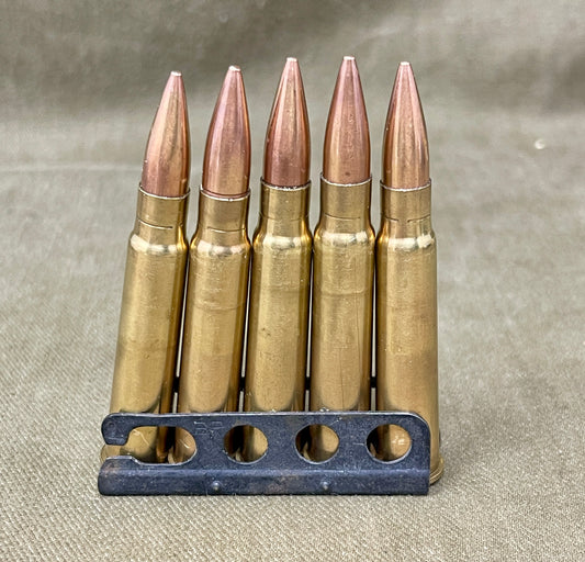Five rifle bullets in a holder on a textured surface