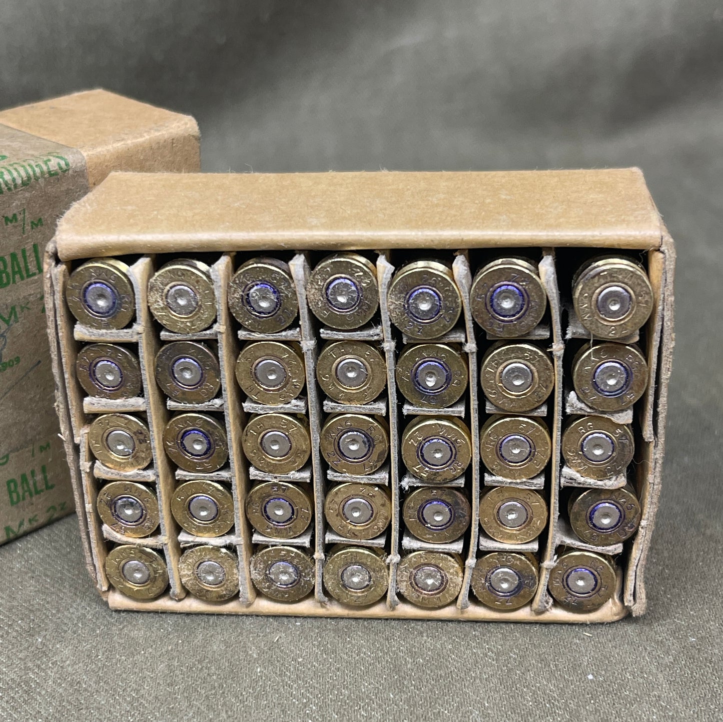 Original British Military Box of 35 INERT 9mm Mk2Z Rounds – RG Radway Green • 1957