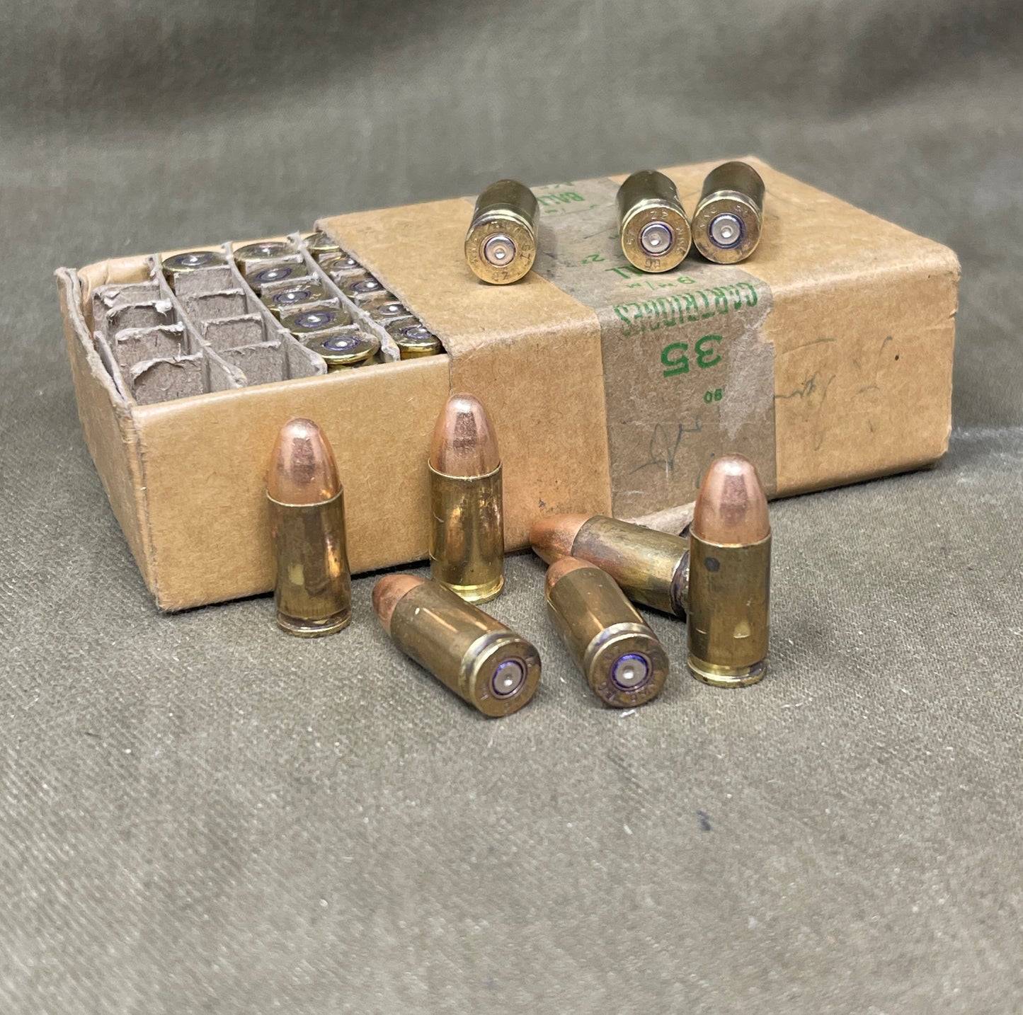 Original British Military Box of 35 INERT 9mm Mk2Z Rounds – RG Radway Green • 1957
