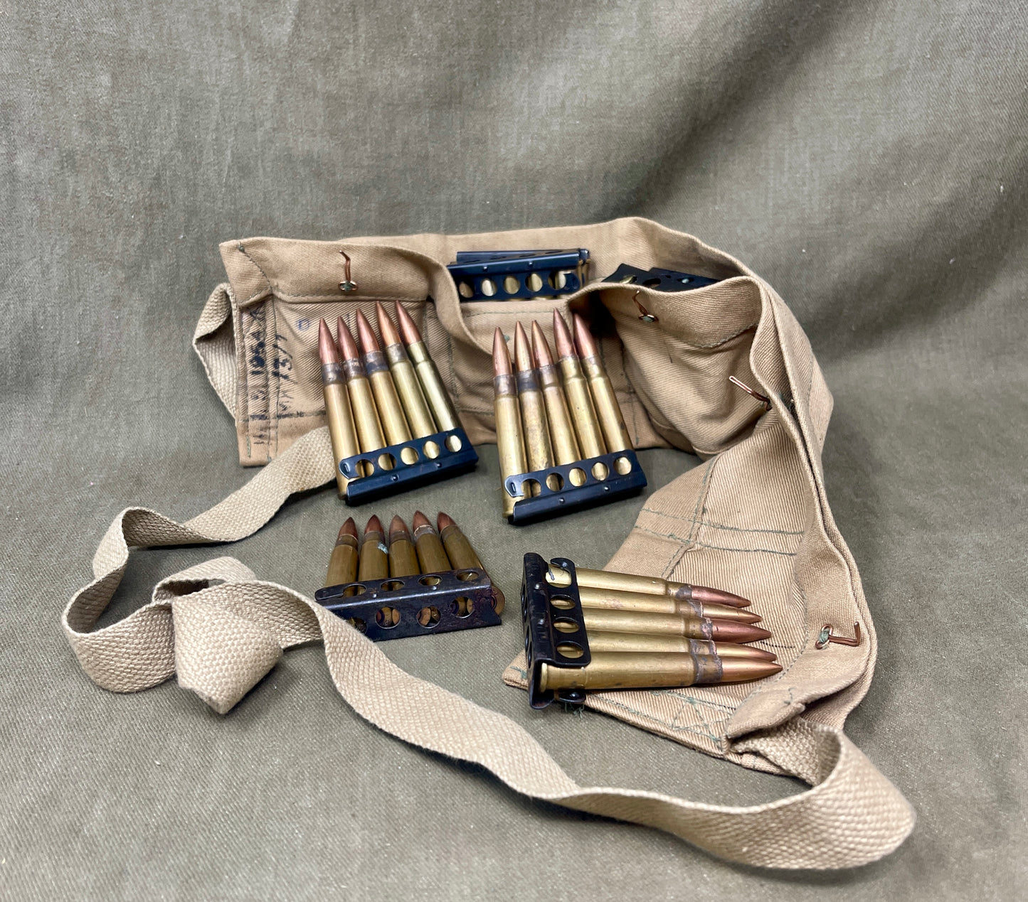 Full 50-Round British .303 Bandolier – 1955 Ammunition in 1954 Dated Bandolier
