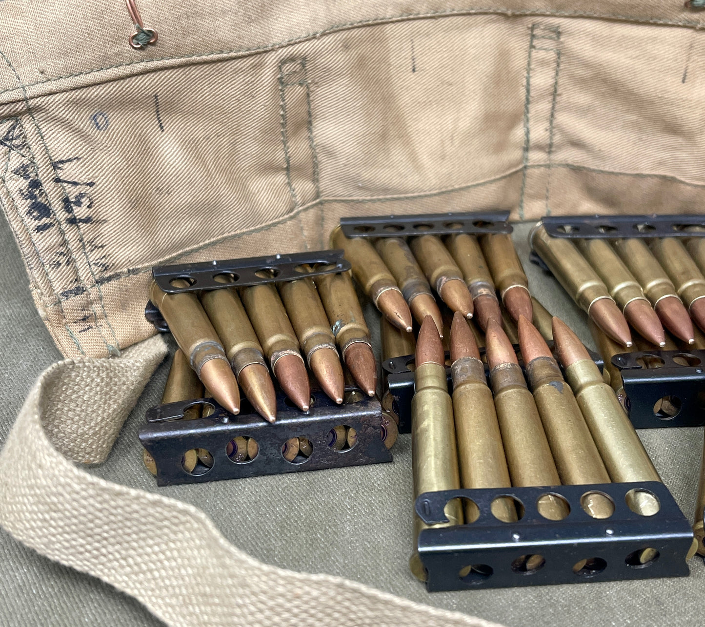 Full 50-Round British .303 Bandolier – 1955 Ammunition in 1954 Dated Bandolier