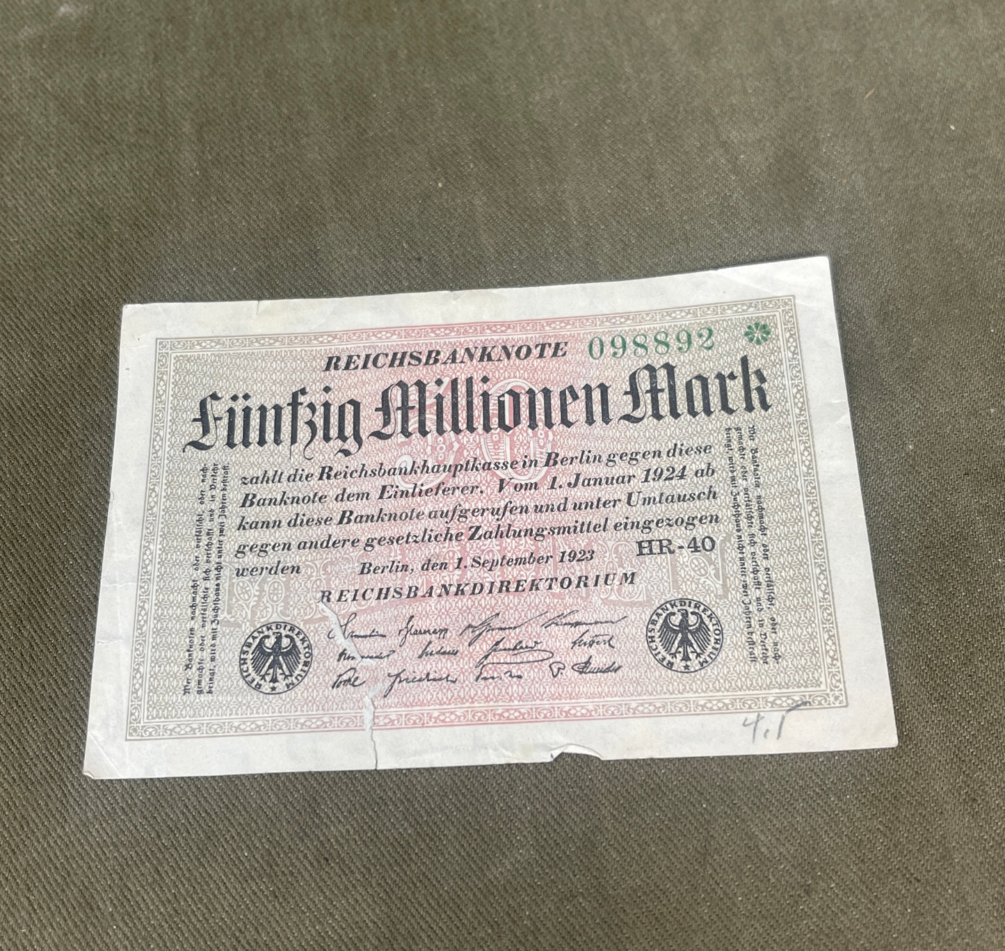 Germany 50 Million Mark 1923 – Weimar Republic Hyperinflation Banknote