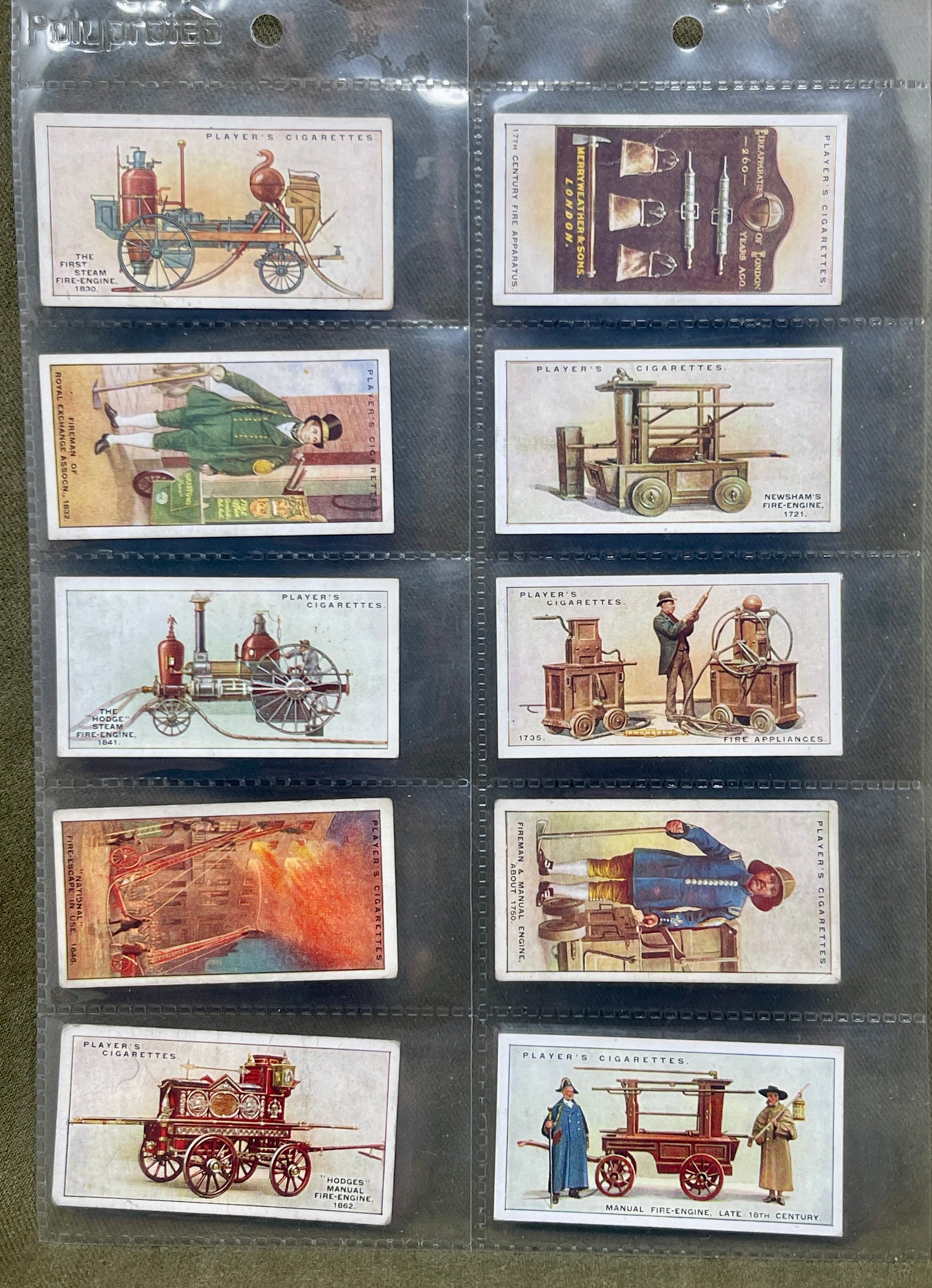 Discover the complete 1936 John Player & Sons "Fire Fighting Appliances" cigarette card set. Featuring 50 detailed cards, this collection showcases various firefighting equipment and techniques, highlighting the evolution of fire safety and the bravery of firefighters