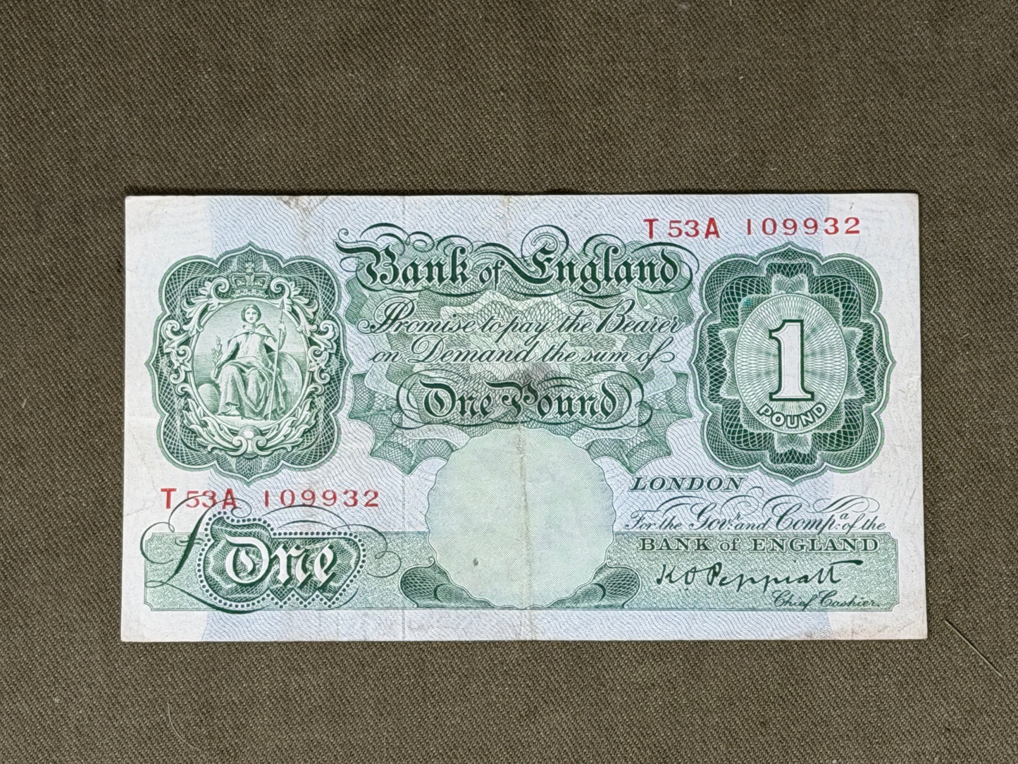 K.O. Peppiatt One Pound Note – Series "A" Britannia (Dugg. B238) T53A109932