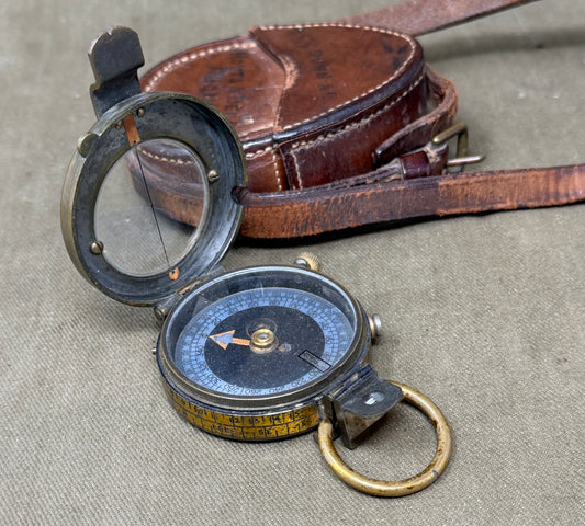 WWI British Verner’s Patent Marching Compass 1914 – Hughes & Sons with 1916 Leather Pouch