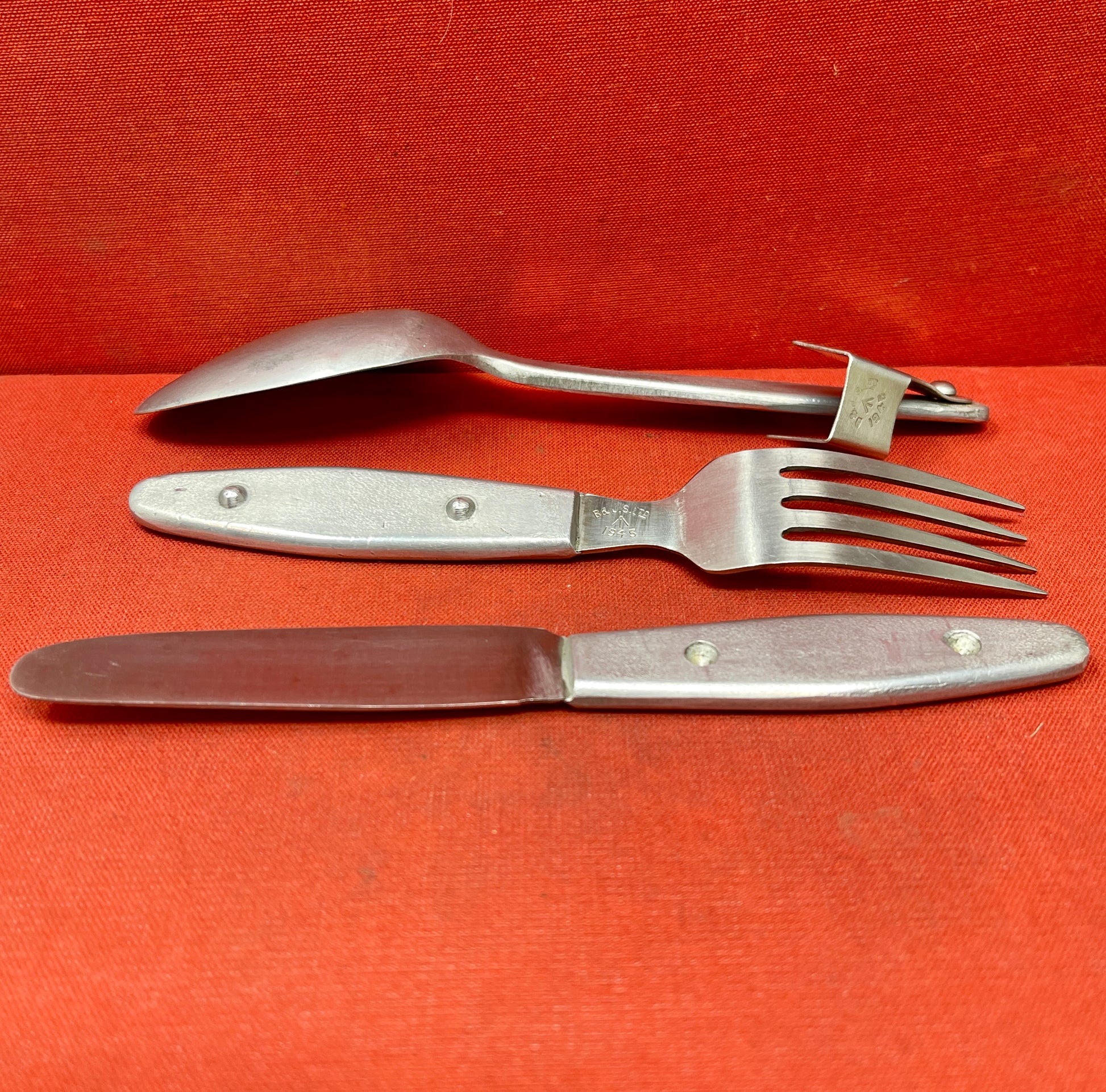 Knife, fork, and spoon set dated 1944 by S &amp; J Sippel Ltd Sheffield