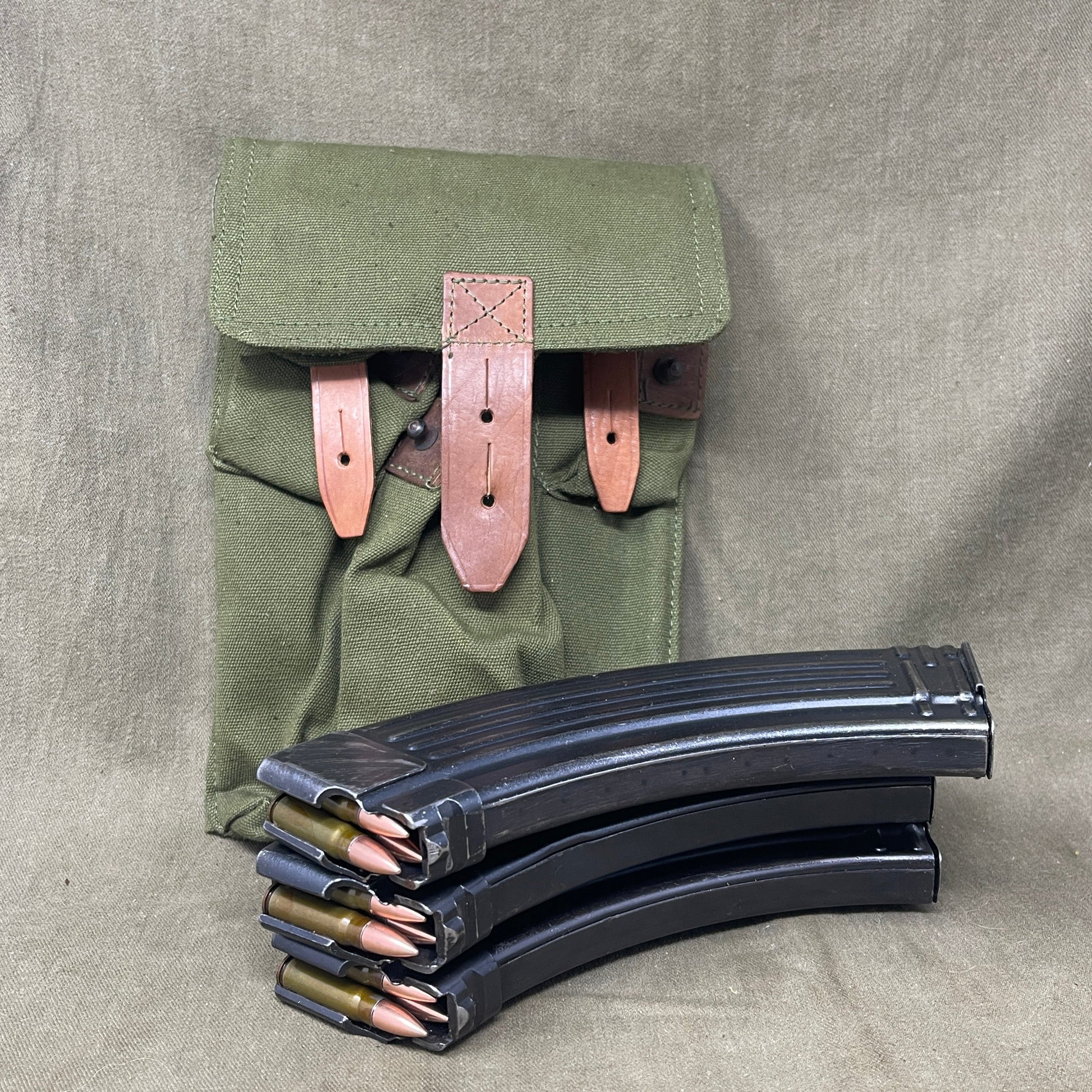 3 x 7.62x39 Original AKM Magazines in Military Pouch with 5 Inert Rounds Each Olive