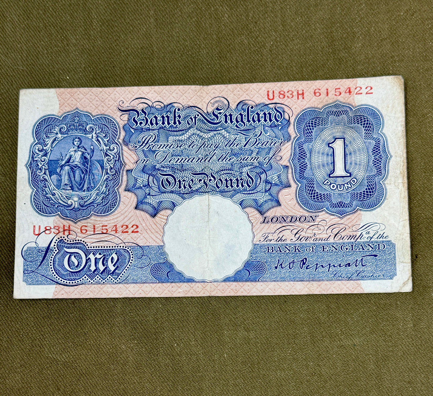 K.O. Peppiatt One Pound Emergency Issue Banknote U83H615422 – British Treasury Note (Dugg. B249)