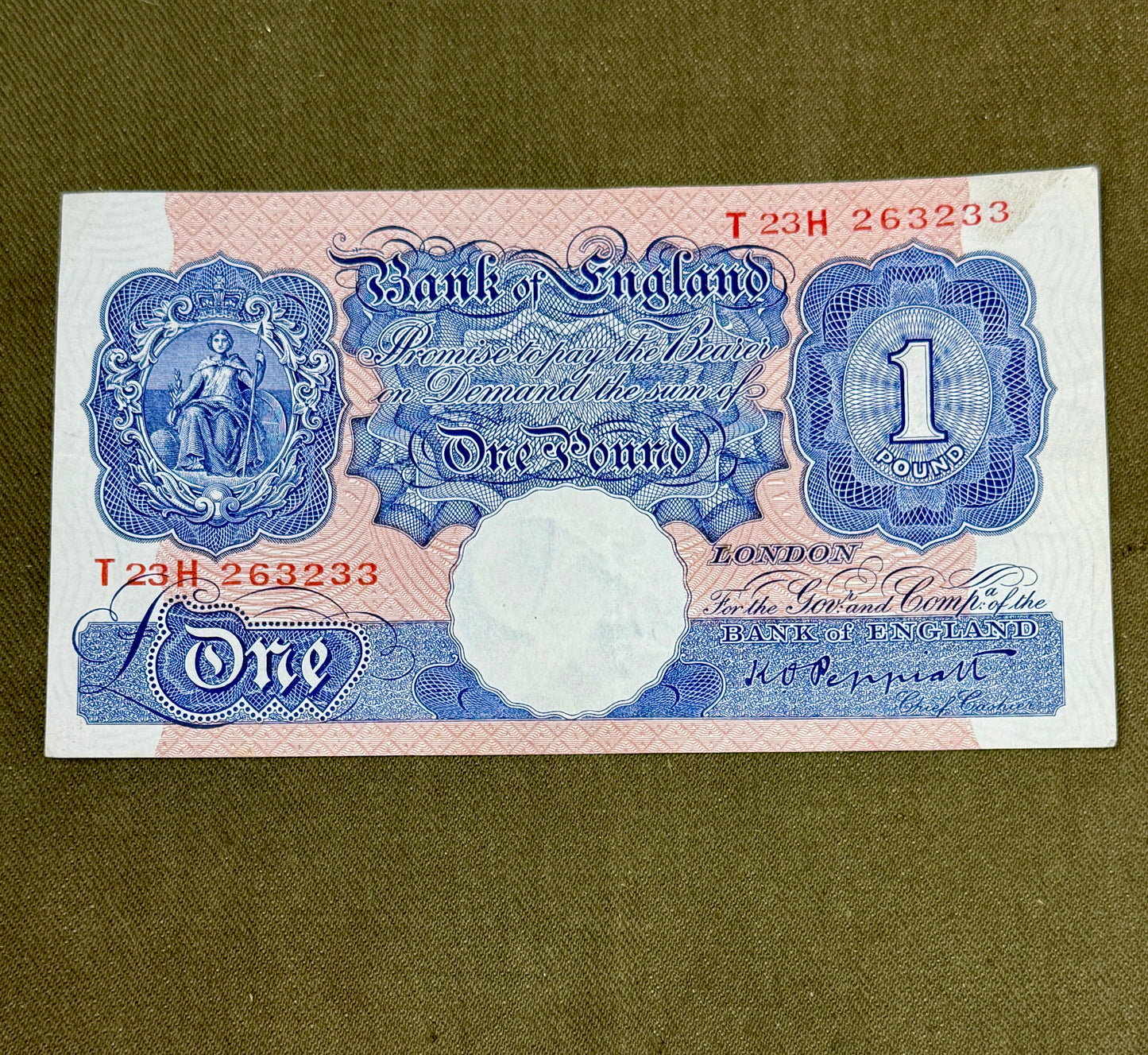 K.O. Peppiatt One Pound Emergency Issue Banknote T23H263233– British Treasury Note (Dugg. B249)
