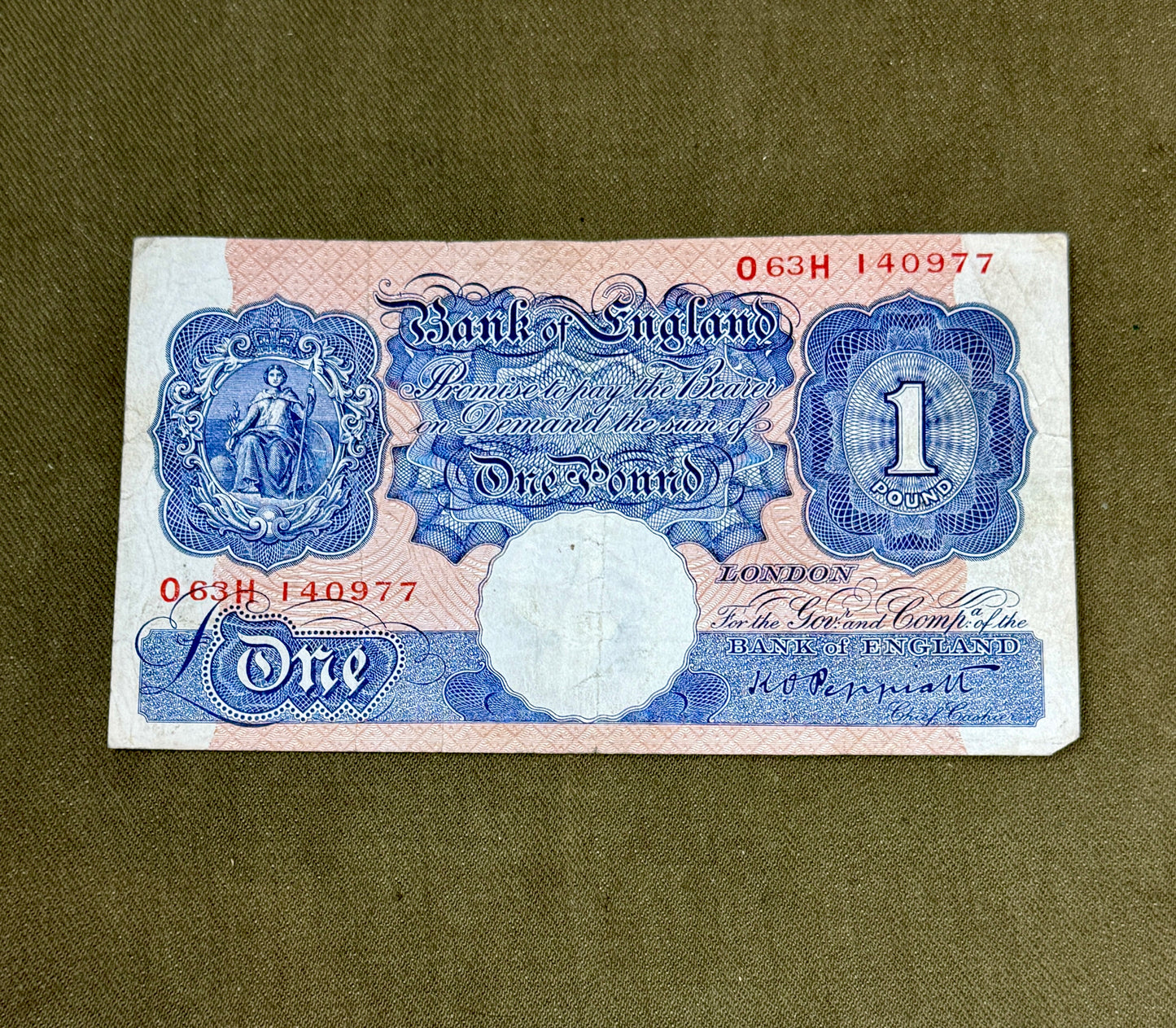 K.O. Peppiatt One Pound Emergency Issue Banknote O63H140977– British Treasury Note (Dugg. B249)