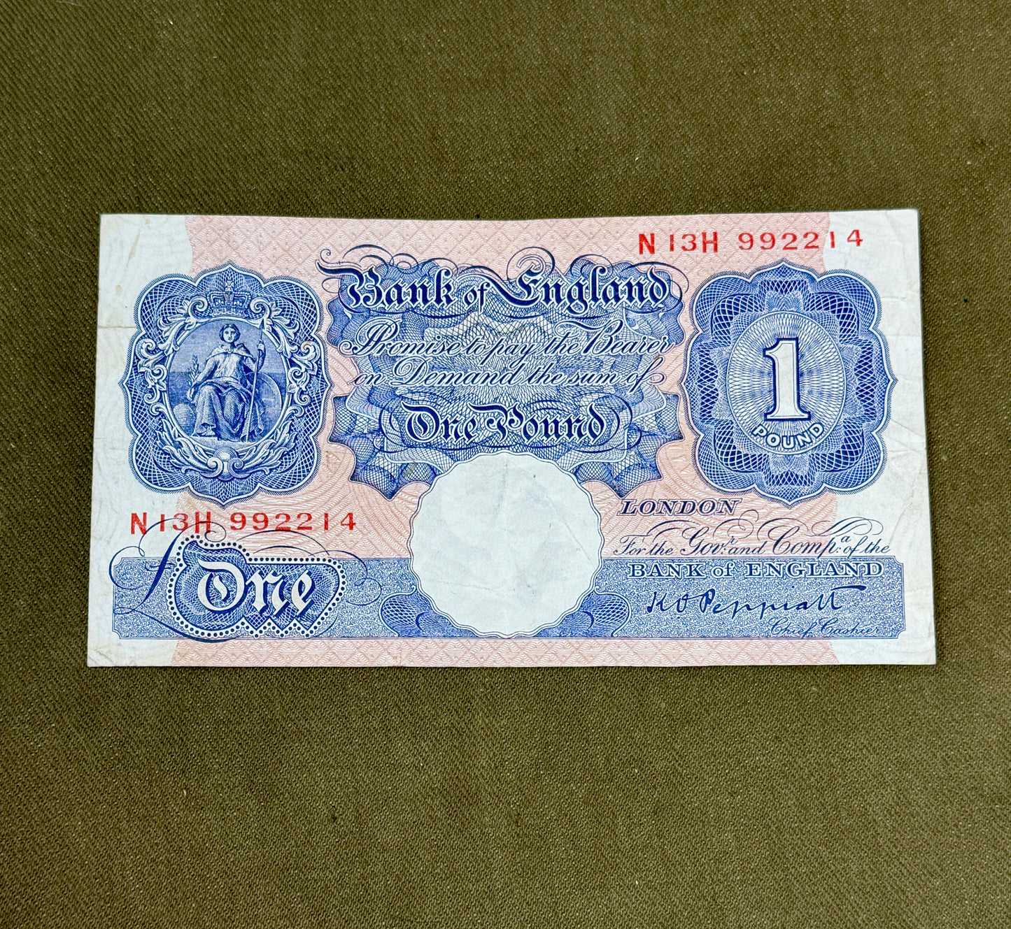 K.O. Peppiatt One Pound Emergency Issue Banknote N13H992214– British Treasury Note (Dugg. B249)