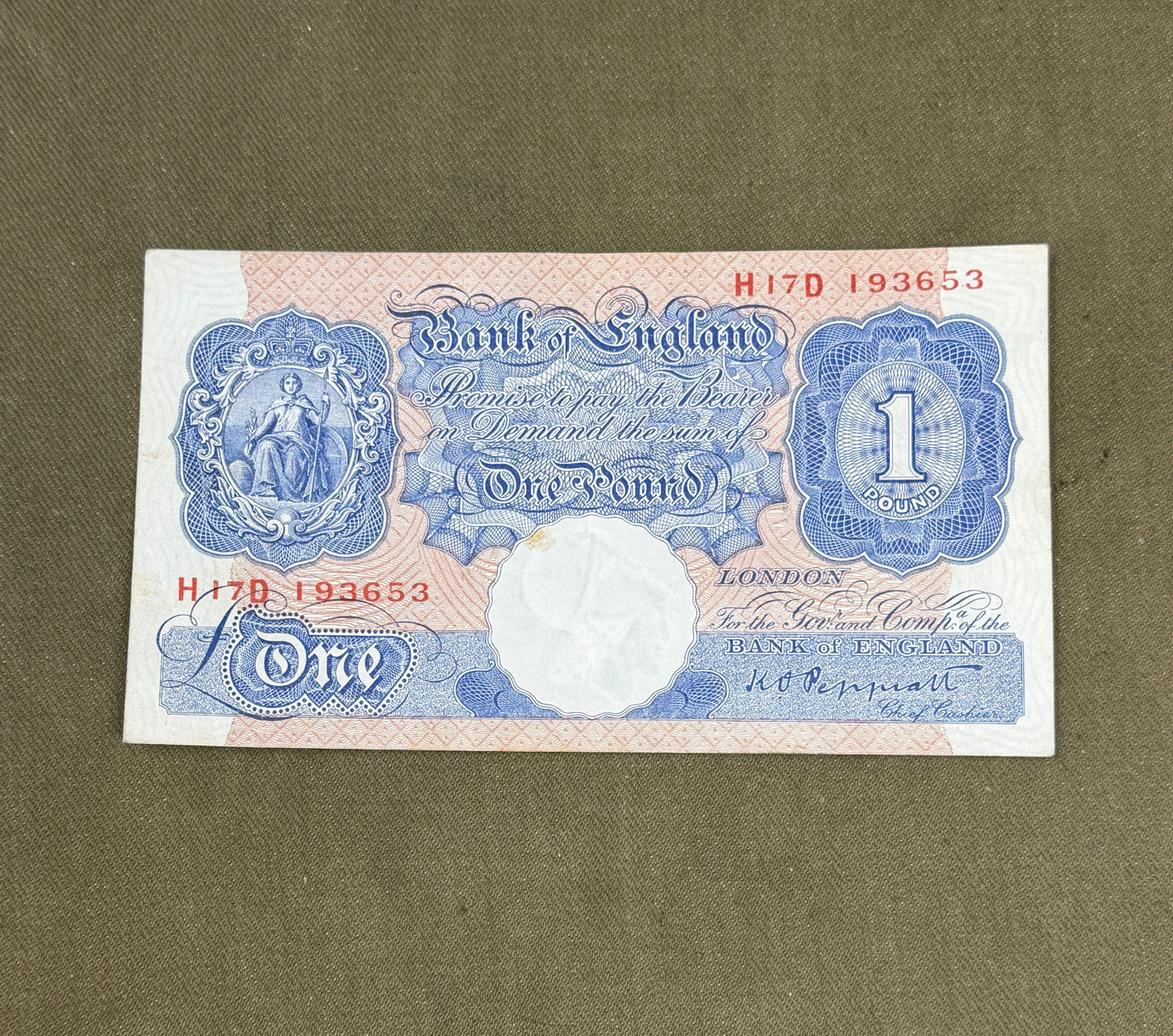 K.O. Peppiatt One Pound Emergency Issue Banknote H17D193653– British Treasury Note (Dugg. B249)