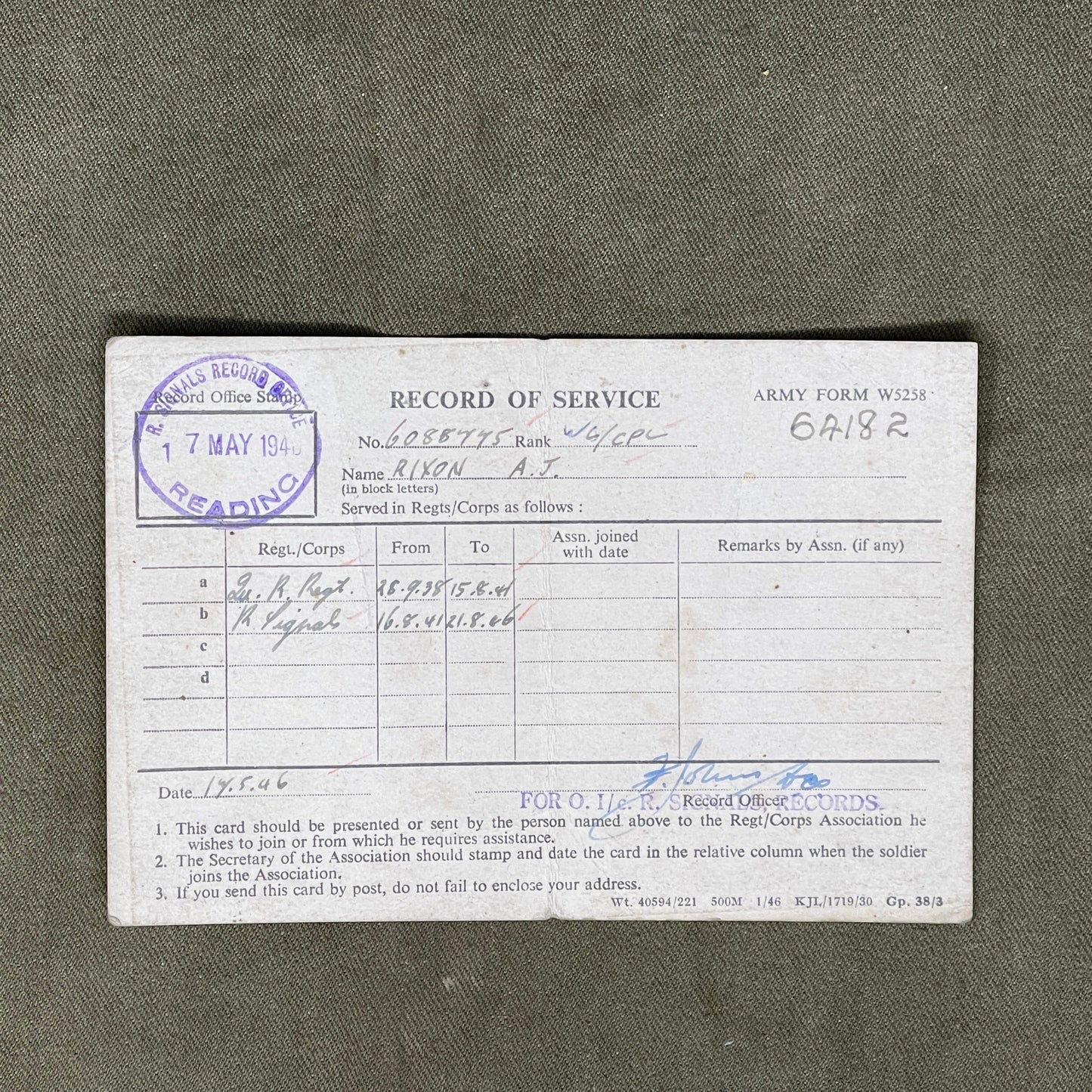 Set of WW2 Royal Signals RS Service Records