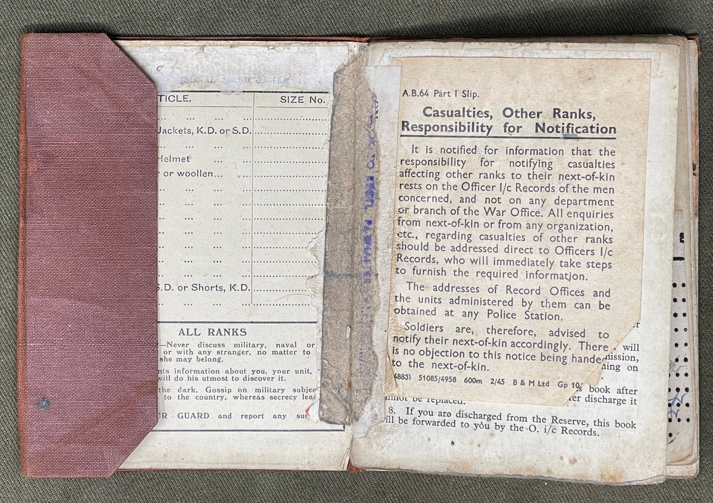 A really interesting selection of original WW2 Service paperwork relating to Arthur CHAPMAN 13089716  who served in the  Pioneer Corp.