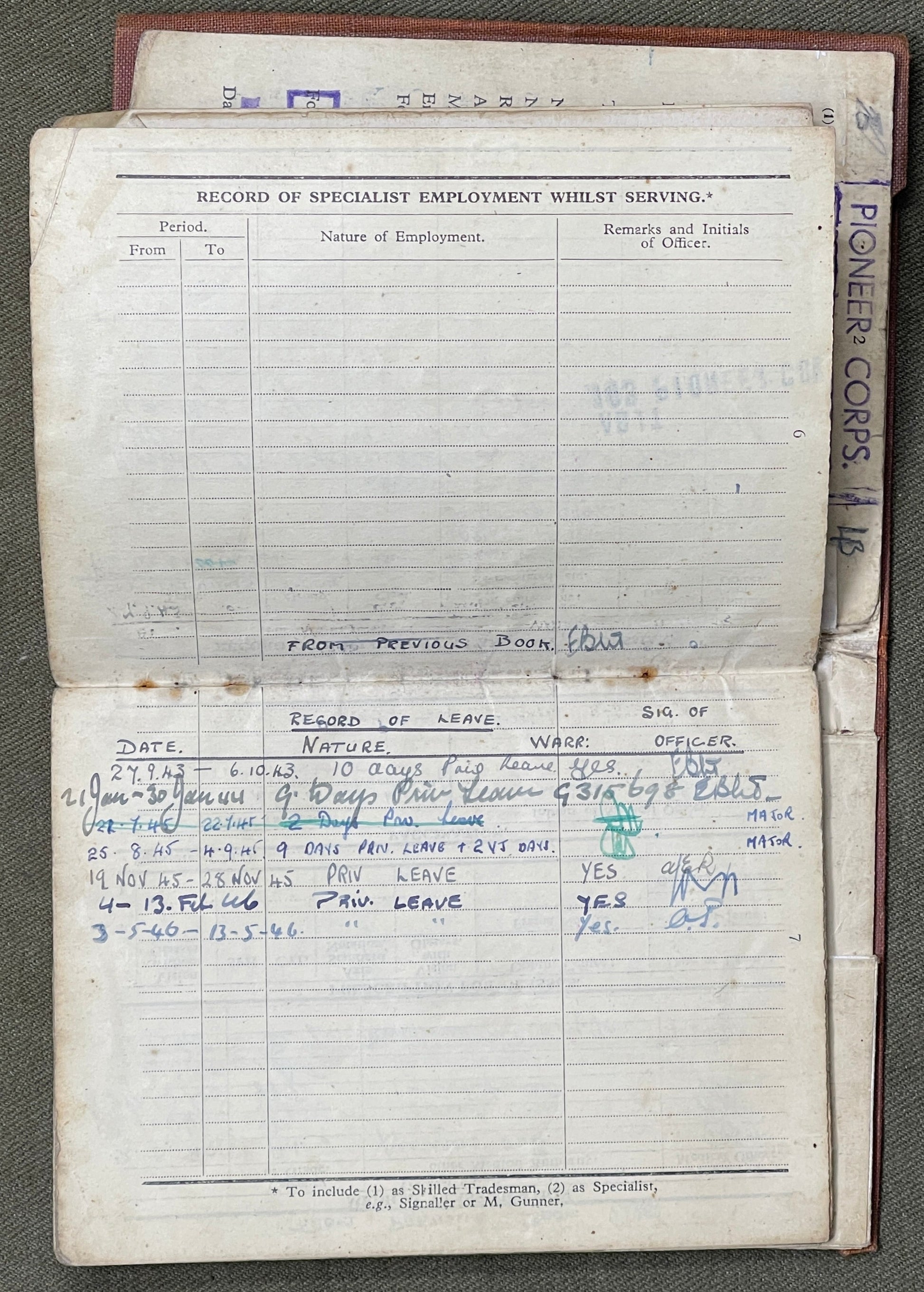 A really interesting selection of original WW2 Service paperwork relating to Arthur CHAPMAN 13089716  who served in the  Pioneer Corp.