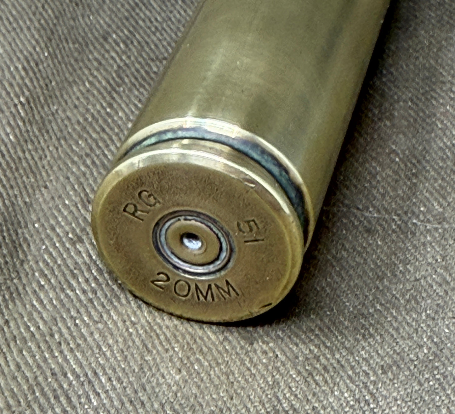 Original 1951 20mm Brass Cartridge Case – RG (Radway Green) – Collectible Ammunition