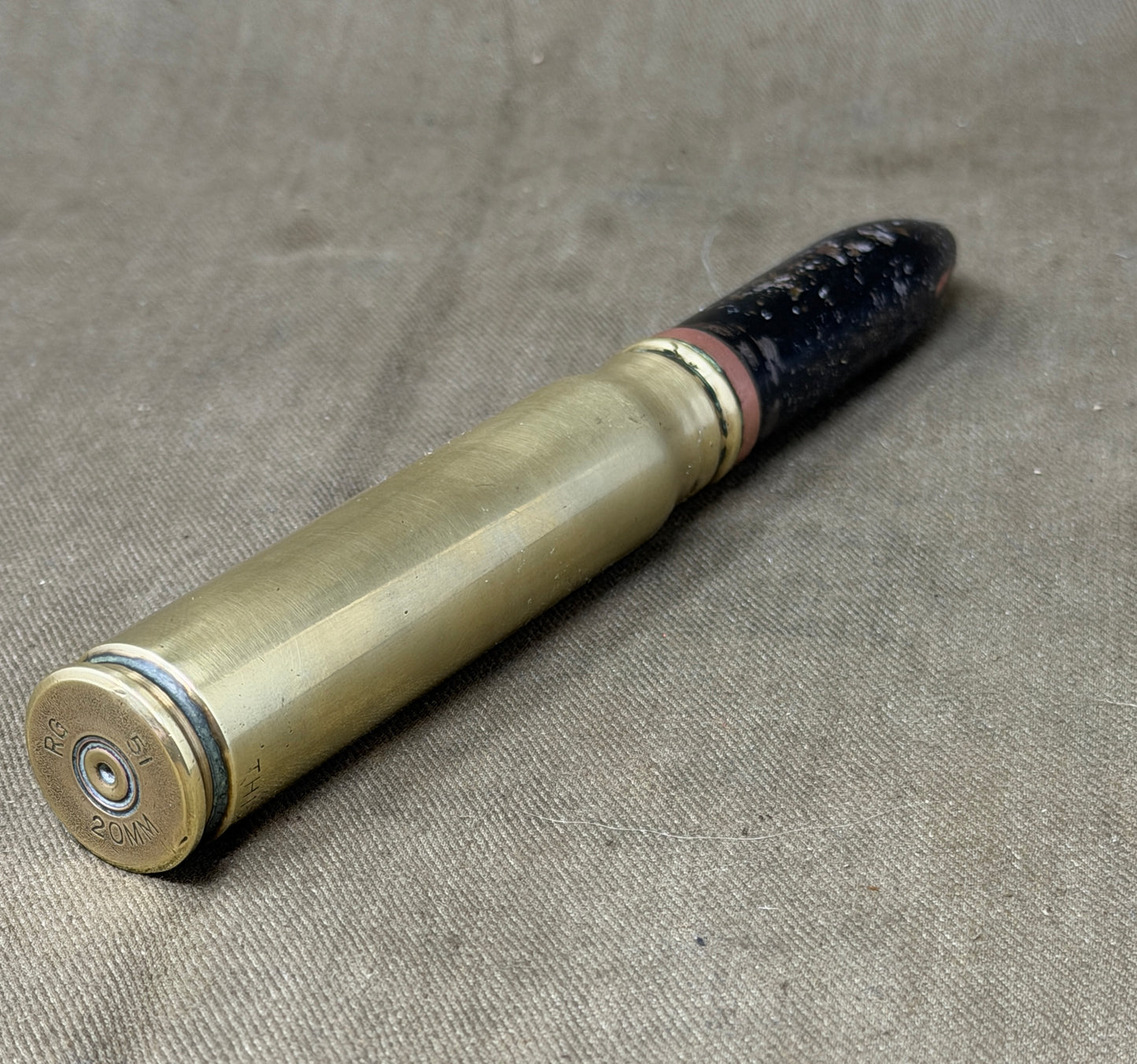 Original 1951 20mm Brass Cartridge Case – RG (Radway Green) – Collectible Ammunition