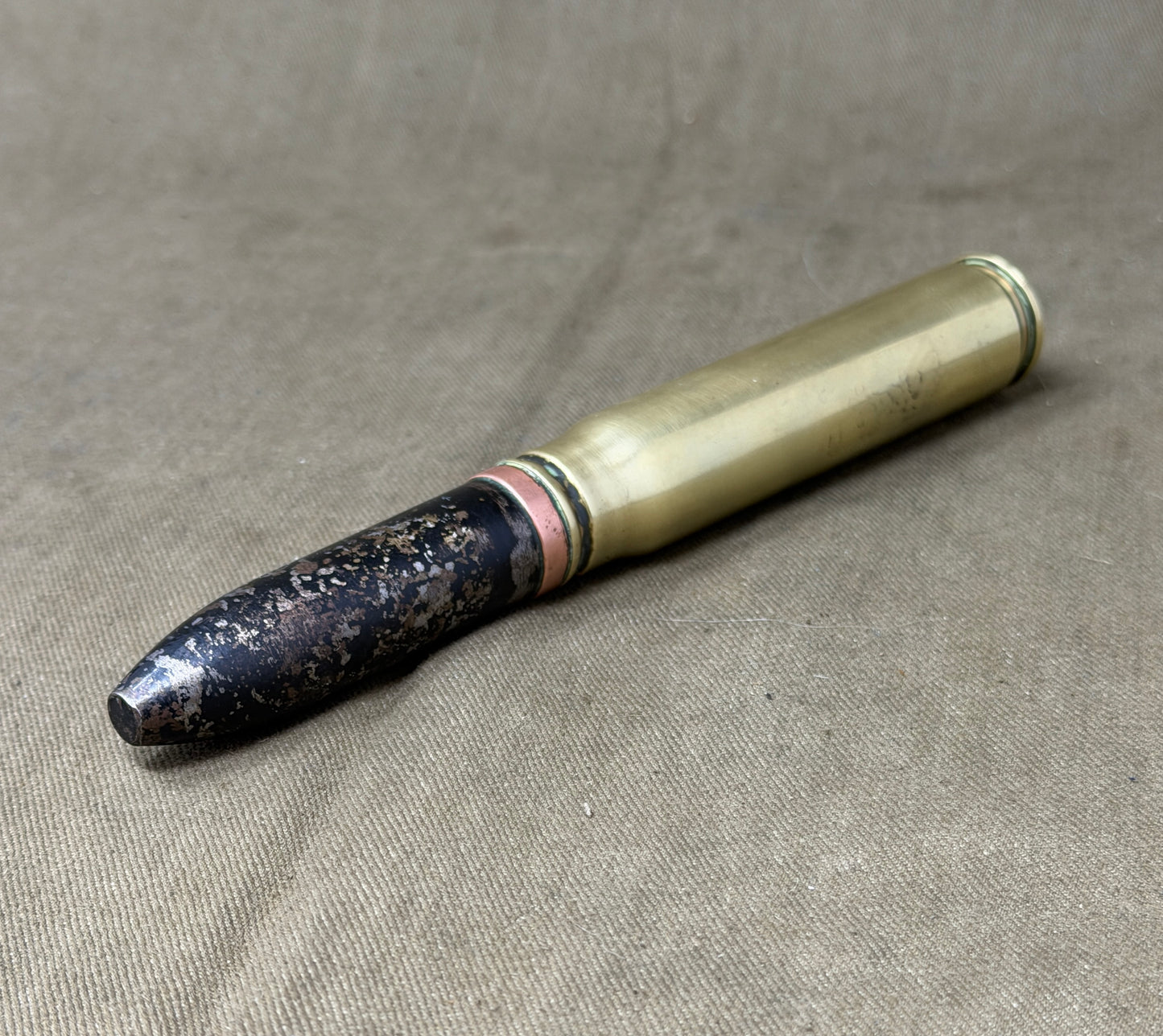 Original 1951 20mm Brass Cartridge Case – RG (Radway Green) – Collectible Ammunition